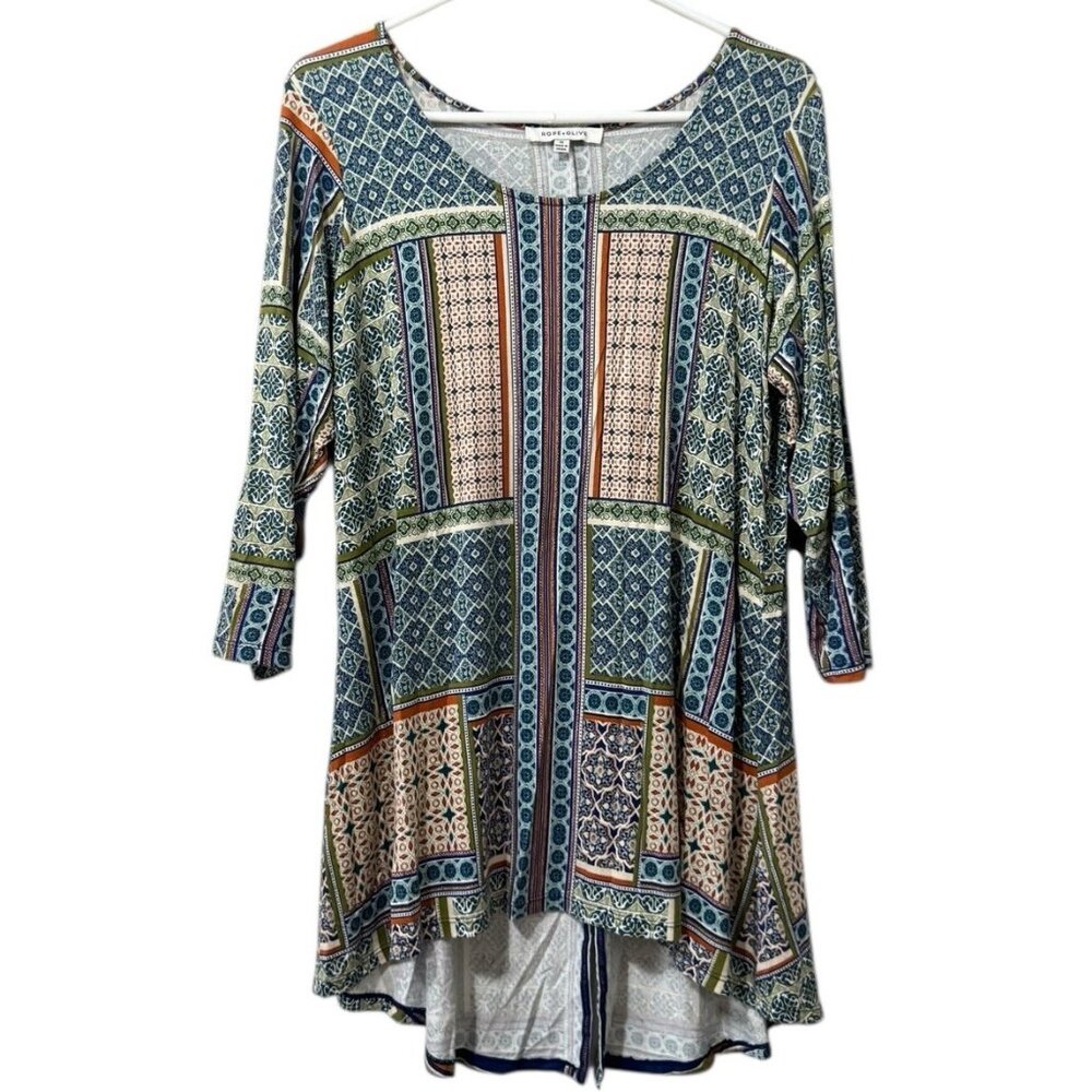 Rose + Olive Top Women Size 1X Artsy Boho‎ Peasant Popover Flowy Colorful Blouse